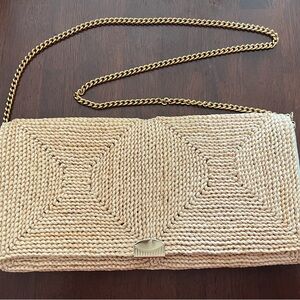 Vintage Saks Fifth Avenue Elegant Cream Woven Clutch with Gold Chain